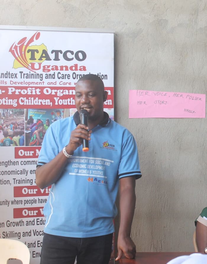 Kato Andrew, Executive Director, speaking at a TATCO Uganda community event